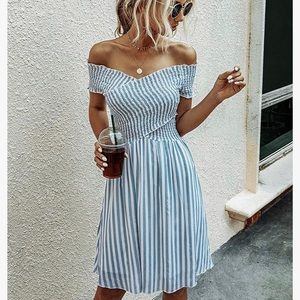 NWOT Ecowish Blue White Striped Skater Dress Medium Summer off shoulder Smocked